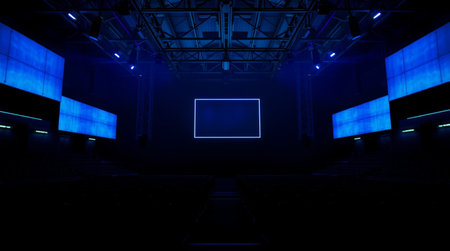 3D rendering of an empty studio with blue lights on a wall
