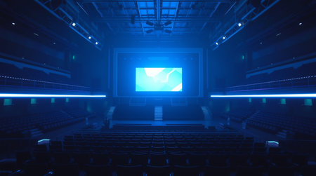 3D rendering of a futuristic cinema auditorium with seats and blue lights