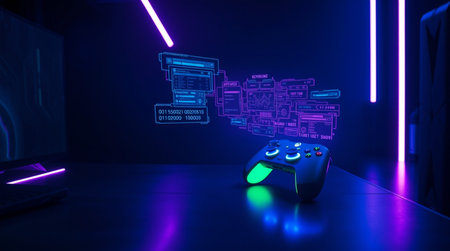 Gamepad in neon light on dark background. 3D rendering.
