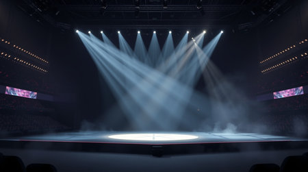 stage lighting effect with spotlights and smoke in the auditorium.