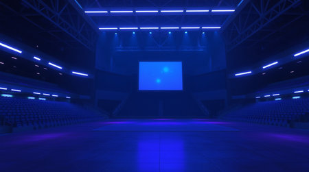 3D render of a beautiful sports arena with floodlights and VIP boxes