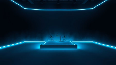 3D rendering. Futuristic background with neon lights. Empty showcase for product presentation