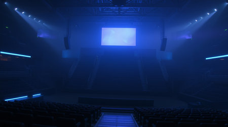 3D rendering of empty stage with spotlights in the dark.