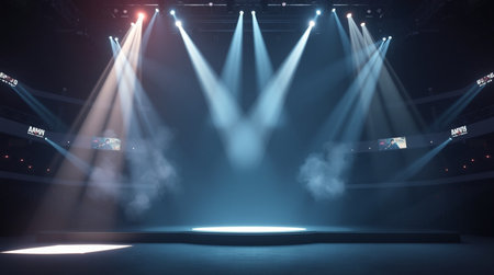 Stage Spotlight with smoke and spotlights. 3D Rendering.