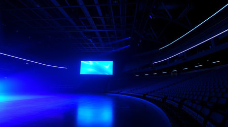 3D rendering of a bright blue stage with lighting and spotlights