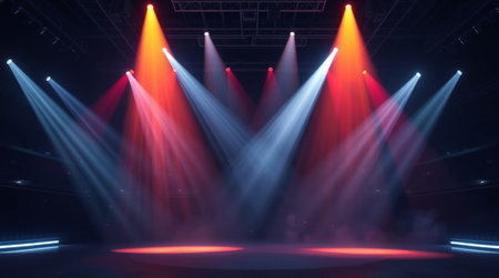 Stage Spotlight with Laser rays. Stage lighting effect. 3d render