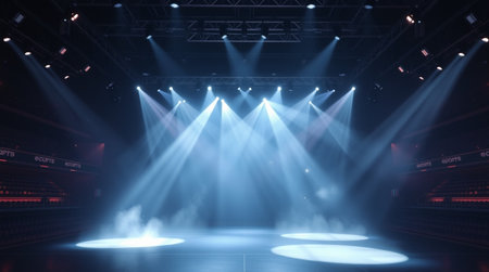 Theater stage with floodlights and smoke, 3d render.