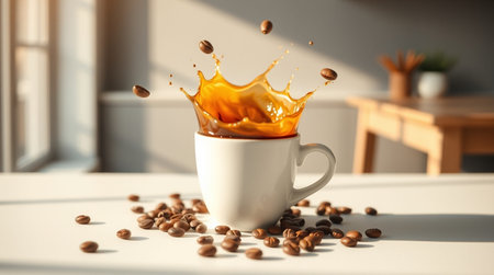 Cup of coffee with splashes on table in room, closeupの写真素材