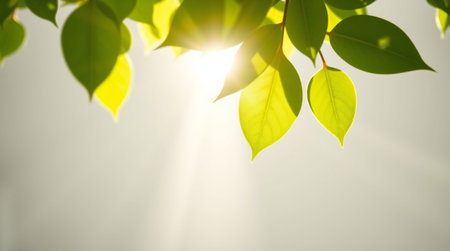 Green leaves with sunlight and lens flare in the morning. Natural background