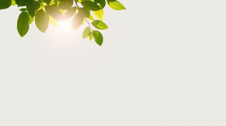 Fresh green leaves with sunbeams and copy space on white background