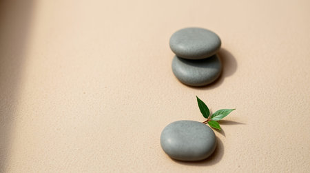 zen stones and green plant on sand background. spa and relaxation concept