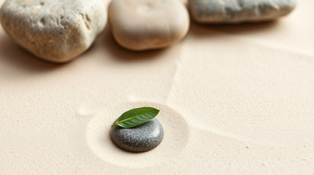 Zen garden with stones and green leaf on sand background, closeup