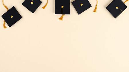 Black Graduation caps on white background with copy space. 3D Rendering