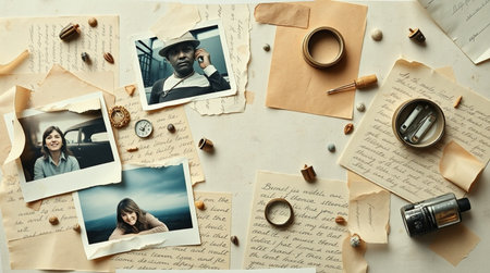 Vintage photo album with photos of young couple on light background, top view