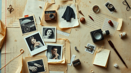Vintage photo album with old photos and retro camera on paper background