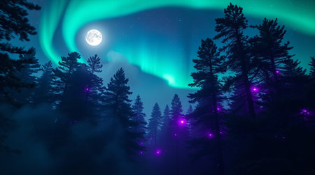 Northern lights, Aurora borealis in the night forest. Night landscape.