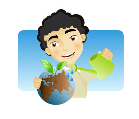 Man man watering the earth with plant sprouting out of it as a result.のイラスト素材