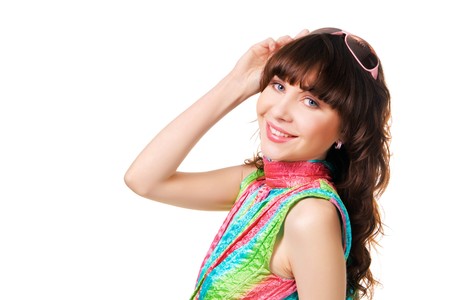 Portrait of a pretty happy brunette on whiteの写真素材