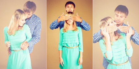 Happy young beautiful couple. Set of portraits.の写真素材