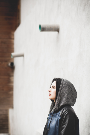 Casual style outdoor picture of young girl in the cityの写真素材
