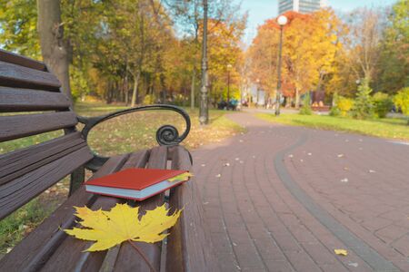 In the park, fallen leaves lie on a path and on wooden bench along with red notebook. Diary bookmark is from maple leaves. In the background are yellow, brown and orange autumn treesの写真素材