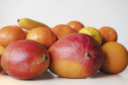 Still-life of mango and citrus close up on white background, isolated. Fruits look tasty and are lode of dopamine and vitamins, especially in winter. Natural products and healthy food concept, macroの写真素材