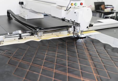Programmable sewing machine embroider a pattern on a fabric. Innovative technologies in light industry and sewing businessの写真素材
