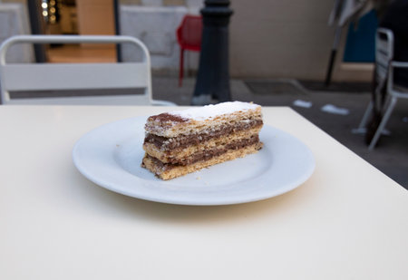 Tiramisu cake on a white plate on a white table