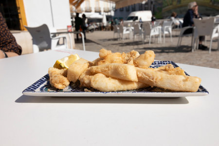 Fried cuttlefish strips, called Chocos Fritos in Spanish. Served on a decorative rectangular plate....