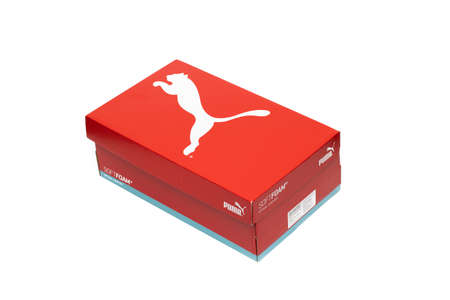 Huelva, Spain; 3.6.2022: Puma brand shoe box, red.