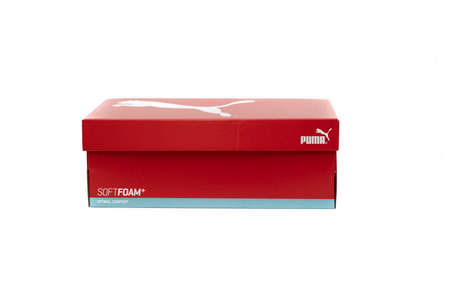 Huelva, Spain; 3.6.2022: Puma brand shoe box, red.