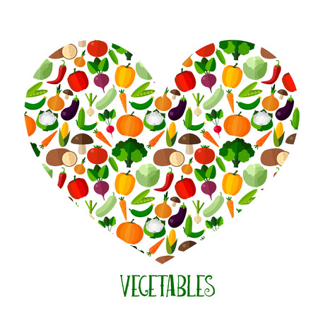Vegetables background with heart in flat style. Colorful template for cooking, restaurant menu and vegetarian foodのイラスト素材