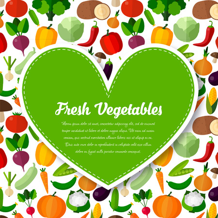Vegetables background with heart in flat style. Colorful template for cooking, restaurant menu and vegetarian foodのイラスト素材