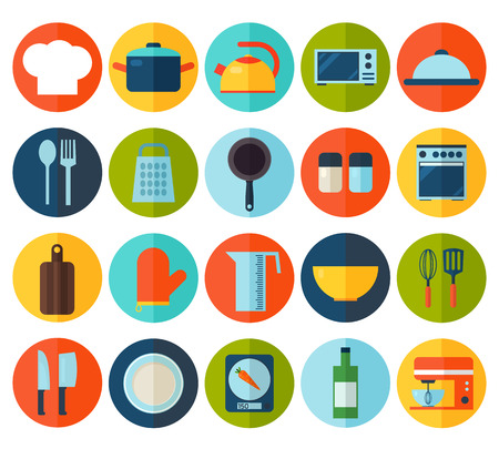 Cooking tools and kitchenware equipment symbol collection. Colorful template for cooking, restaurant menu and food design.のイラスト素材