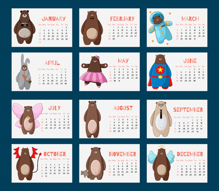 Calendar 2016 with funny cartoon hipster bears. Week starts on Sunday. Colorful theme for your design, prints and illustrationsのイラスト素材