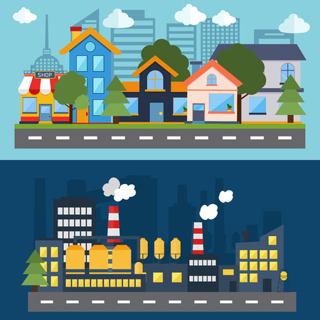Flat design modern vector illustration icons set of factory landscape and city life. Building iconのイラスト素材