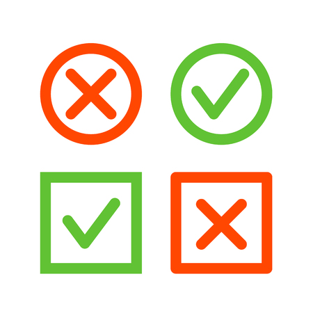 Set of check mark icons. Tick and cross line icons in circle and square shapeのイラスト素材