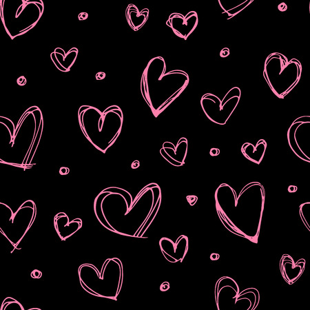Seamless hand drawn heart pattern. Valentine's Day pattern. Scribble pink hearts on a black backgroundのイラスト素材