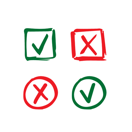 Set of hand-drawn check mark icons. Tick and cross in circle and square frameのイラスト素材