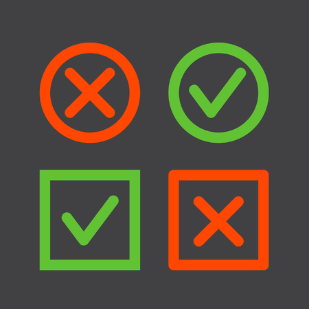 Set of check mark icons on a black background. Tick and cross line icons in circle and square shapeのイラスト素材