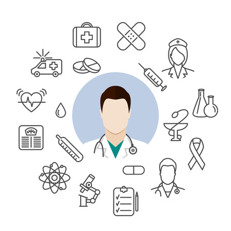 Illustration of a doctor with a stethoscope. Line medical icons. Doctor avatar. Flat design vector illustrationのイラスト素材