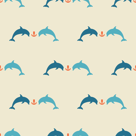Seamless sea pattern with dolphins and anchors on blue background. Nautical pattern. Baby patternのイラスト素材
