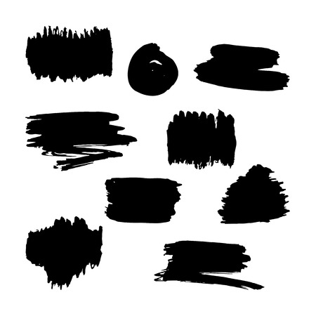 Hand drawn black paint brush strokes. Scribble stains hand drawn shapes isolated on a white background. Grungy hand drawn box. Vector design elementsのイラスト素材