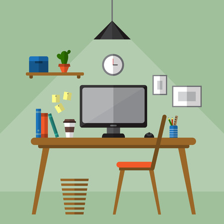 Illustration of modern workplace with desktop and office utensils. Creative office workspace. Table and chair.  Flat style vector illustrationのイラスト素材