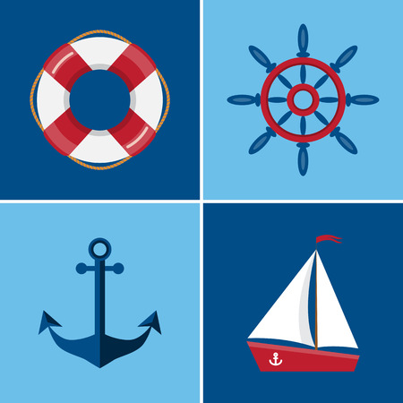 set of nautical and marine icons. Lifebuoy icon. Wheel icon. Anchor icon. Ship icon. Flat style illustrationのイラスト素材