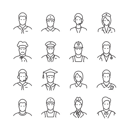 A set of professions people. Circle flat style line icons. Occupation avatar. Business, medical, web, call center operator, workers. Vector illustrationのイラスト素材