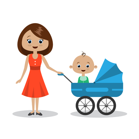 Young beautiful mother with her baby isolated on a white background. Vector flat style illustrationのイラスト素材