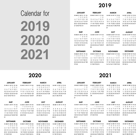 Calendar for 2019 2020 2021 year isolated on a white background. Week starts Sunday. Vector design templateのイラスト素材