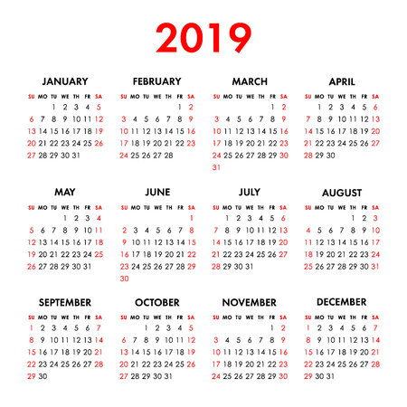 Calendar 2019 year isolated on a white background. Week starts sunday. Vector design templateのイラスト素材