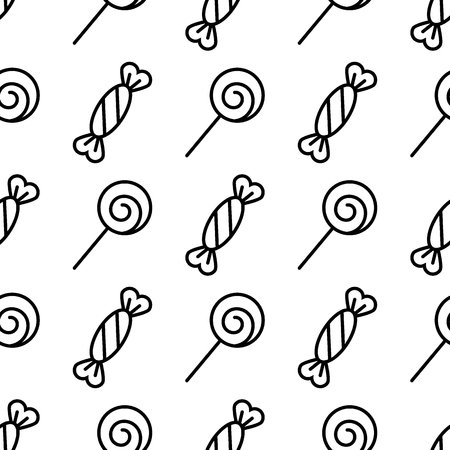 Seamless candy pattern. Sweets abstract background. Line icons. Black and white texture. Vector design templateのイラスト素材